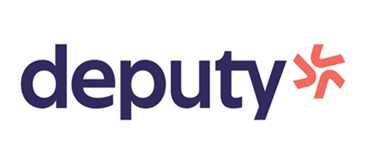 Deputy brand logo featuring dark purple lowercase text and a stylized coral-colored star icon.