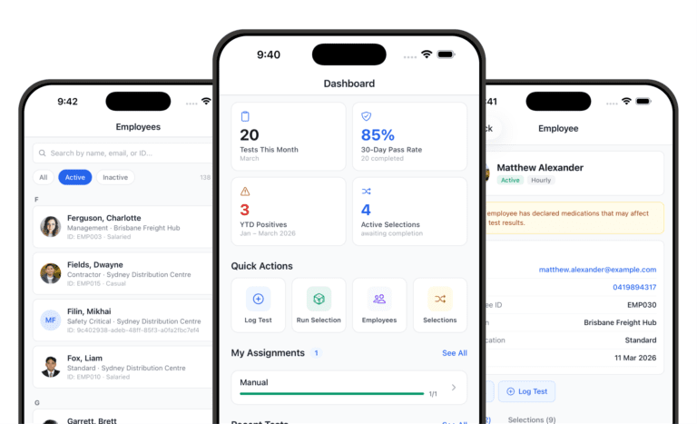 Three smartphone screens showing the FairTest mobile app dashboard, employee list, and individual employee profile details.