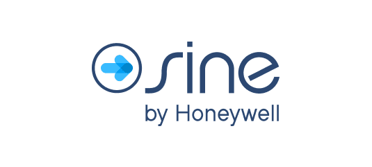 Sine by Honeywell logo featuring a blue circular icon with a right-pointing arrow next to the word "sine".