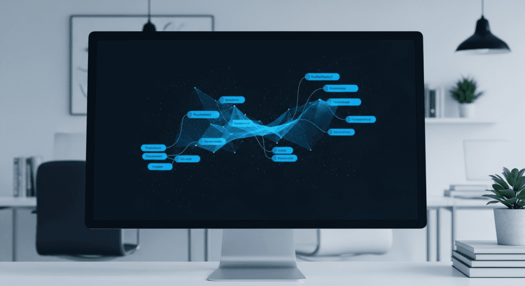 A computer monitor on a desk displays a blue abstract data visualization with connected labels in a modern office setting; blurred office furniture and a plant are in the background.