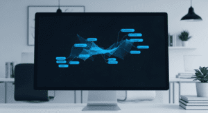 A computer monitor on a desk displays a blue abstract data visualization with connected labels in a modern office setting; blurred office furniture and a plant are in the background.