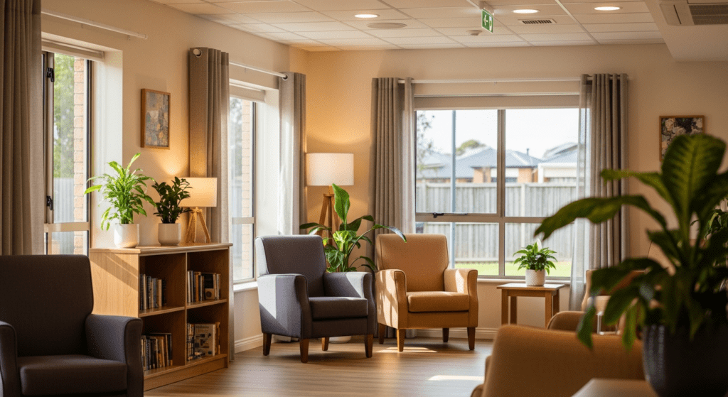 Aged care facility common area with comfortable furniture and care environment