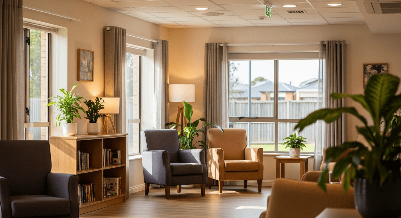 Aged care facility common area with comfortable furniture and care environment