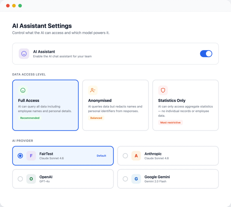 AI assistant settings dashboard showing data access levels and provider selection options for team data management.
