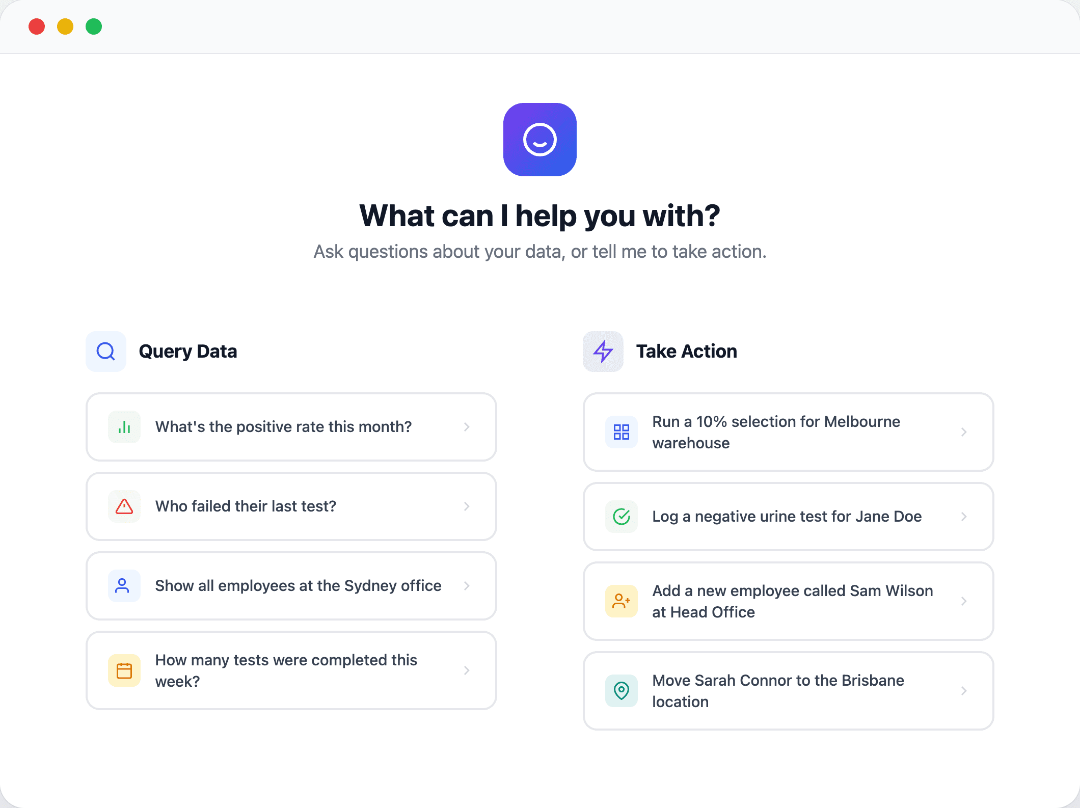 AI assistant interface showing example queries for data analysis and action-oriented tasks.