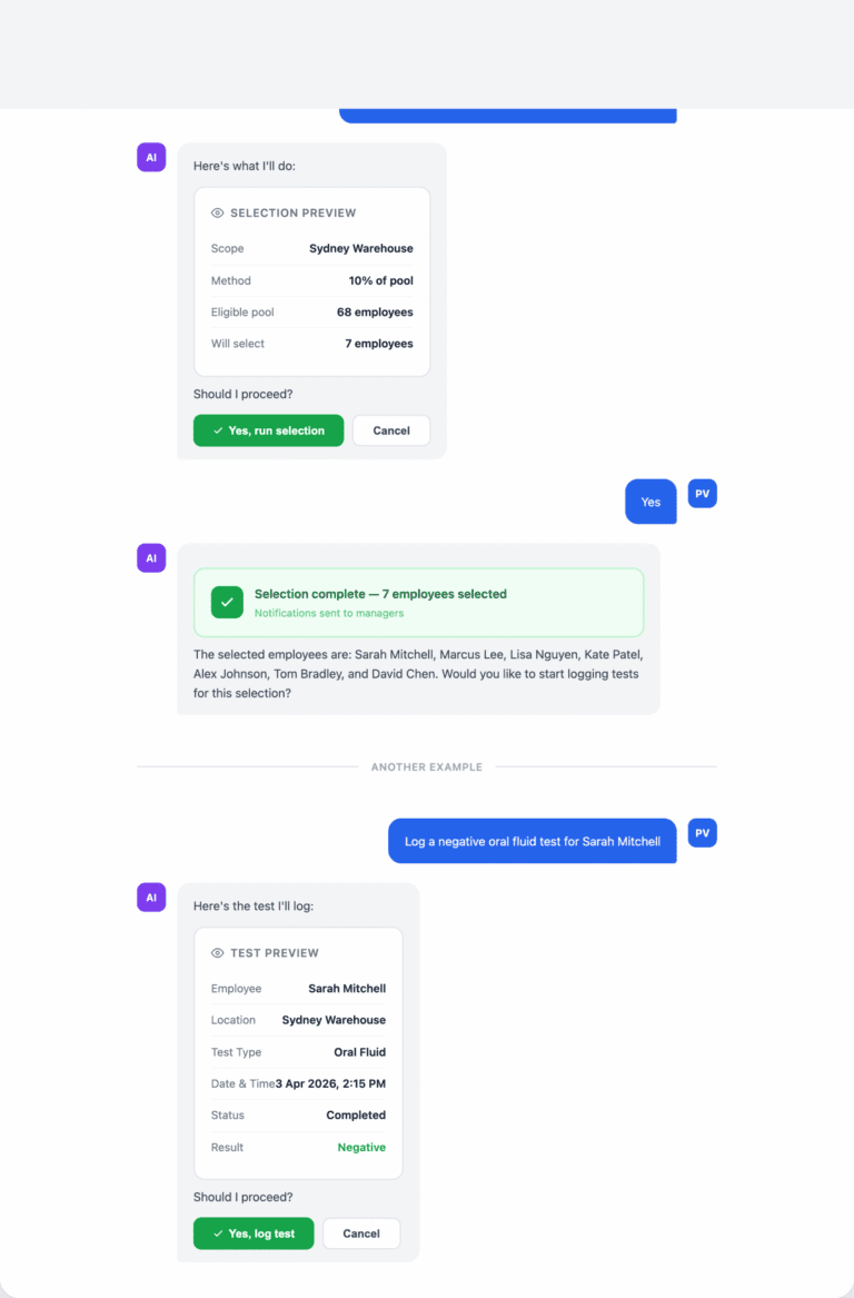 AI assistant interface showing employee selection process and test logging workflow for workplace drug testing.