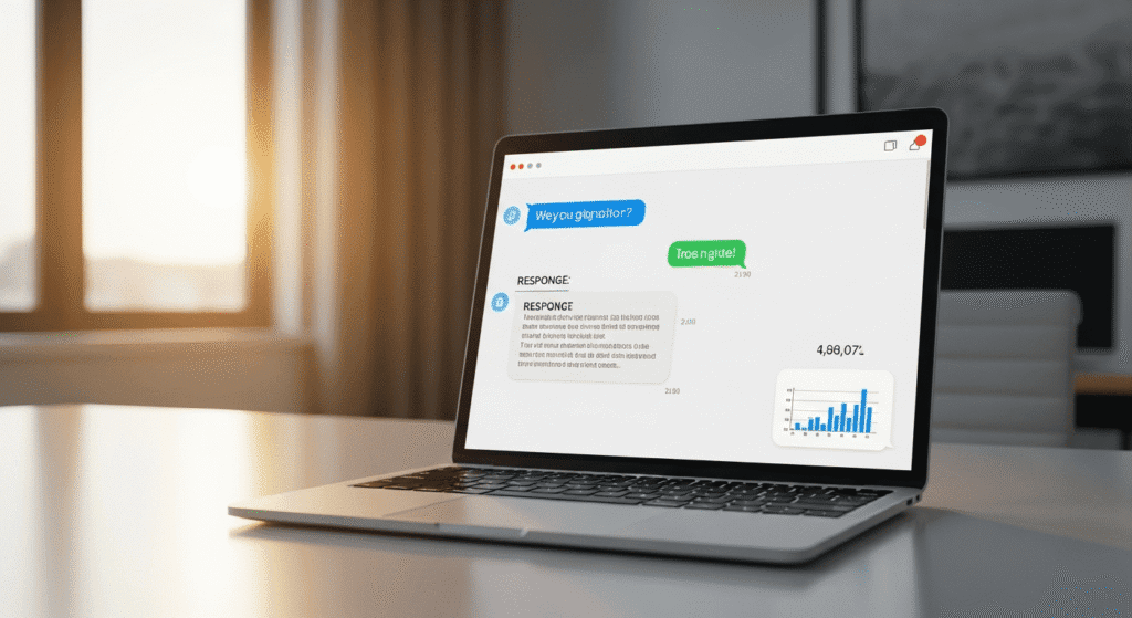Laptop screen displaying an AI chatbot interface with text bubbles and a business performance bar chart.