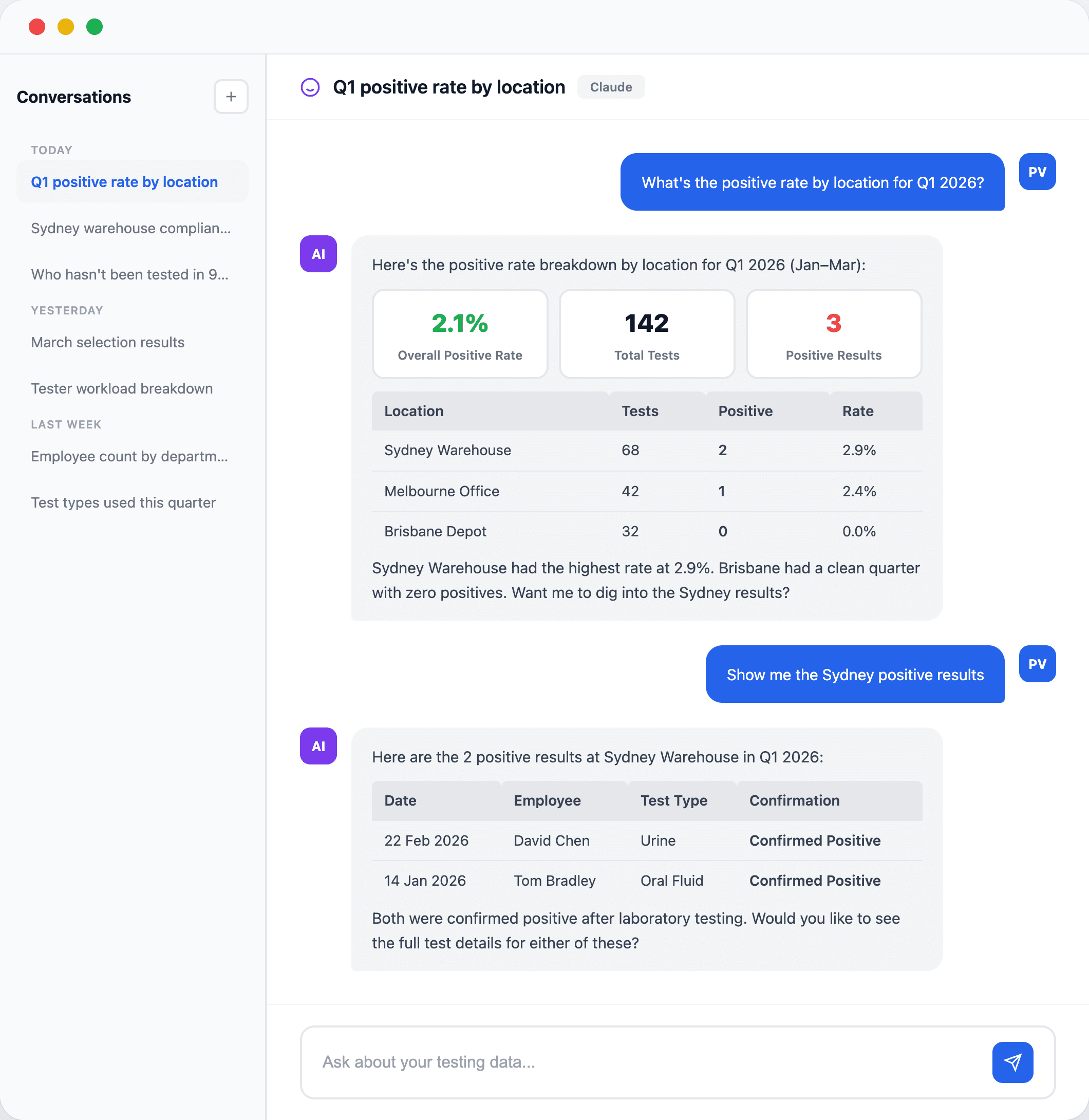 AI chat interface displaying Q1 2026 positive test rate data by location including a table of results.