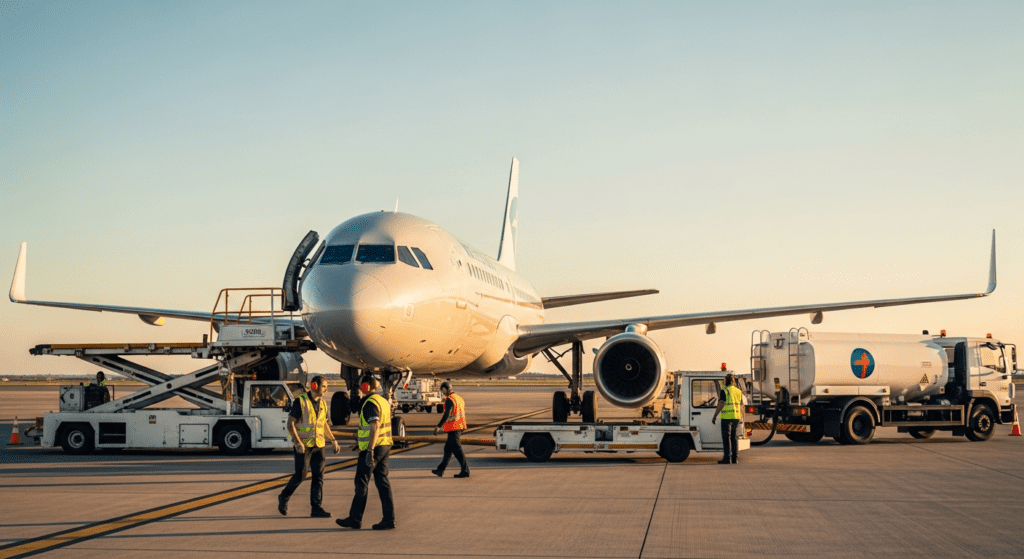 Ground crew working near a commercial aircraft on an airport tarmac