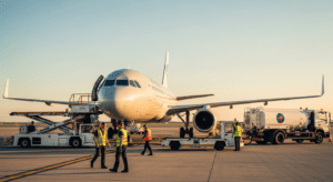 Ground crew working near a commercial aircraft on an airport tarmac