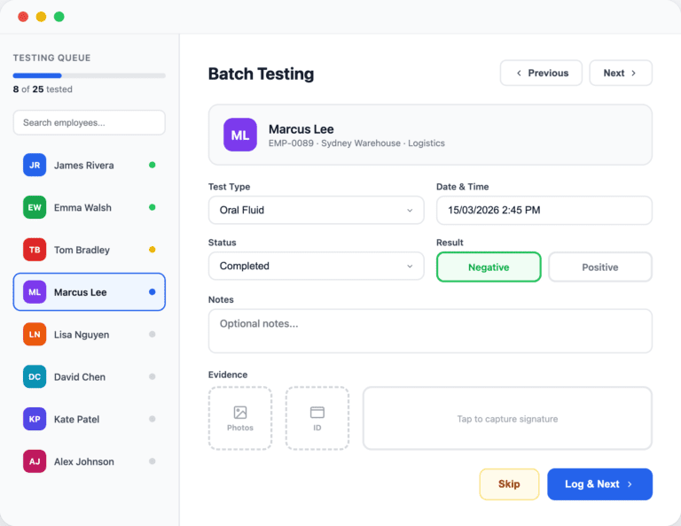 Employee batch testing dashboard showing a queue of staff members and a form to log test results for Marcus Lee.