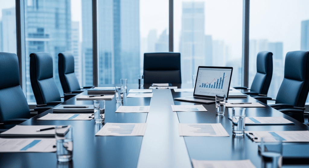 Corporate boardroom with financial reports and safety documents on the table