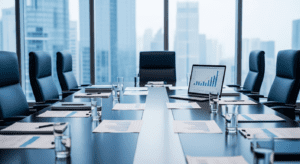 Corporate boardroom with financial reports and safety documents on the table