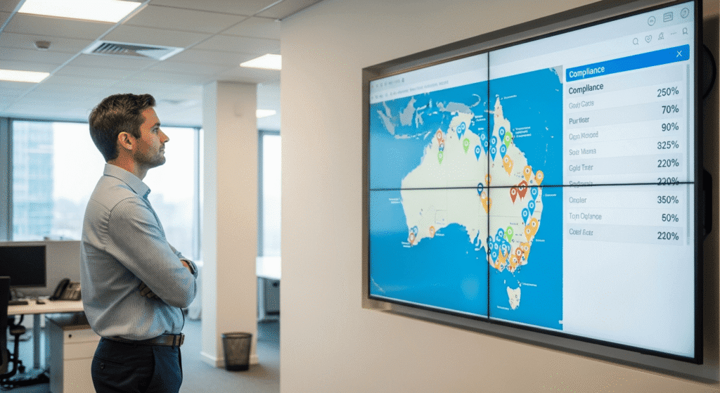 Business professional observing a large digital wall display showing a map of Australia with compliance data metrics.