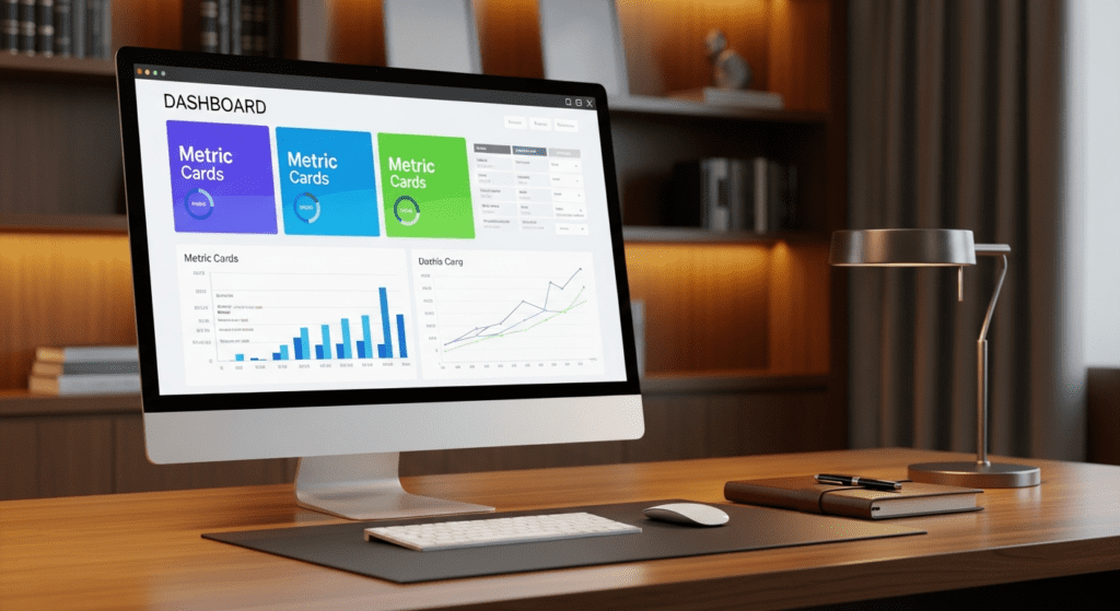 Computer monitor displaying a business analytics dashboard with charts and metric cards on a wooden office desk.