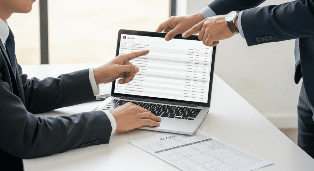 Two business professionals in suits reviewing data on a laptop screen in an office setting.