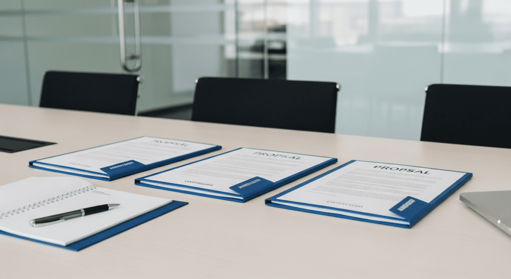 Employer reviewing provider proposals at a conference table with evaluation documents