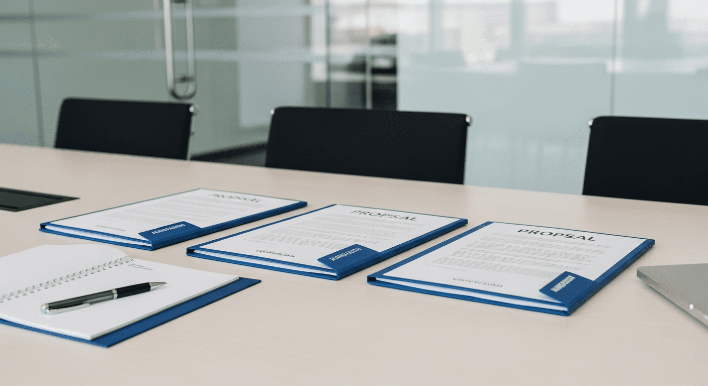 Employer reviewing provider proposals at a conference table with evaluation documents