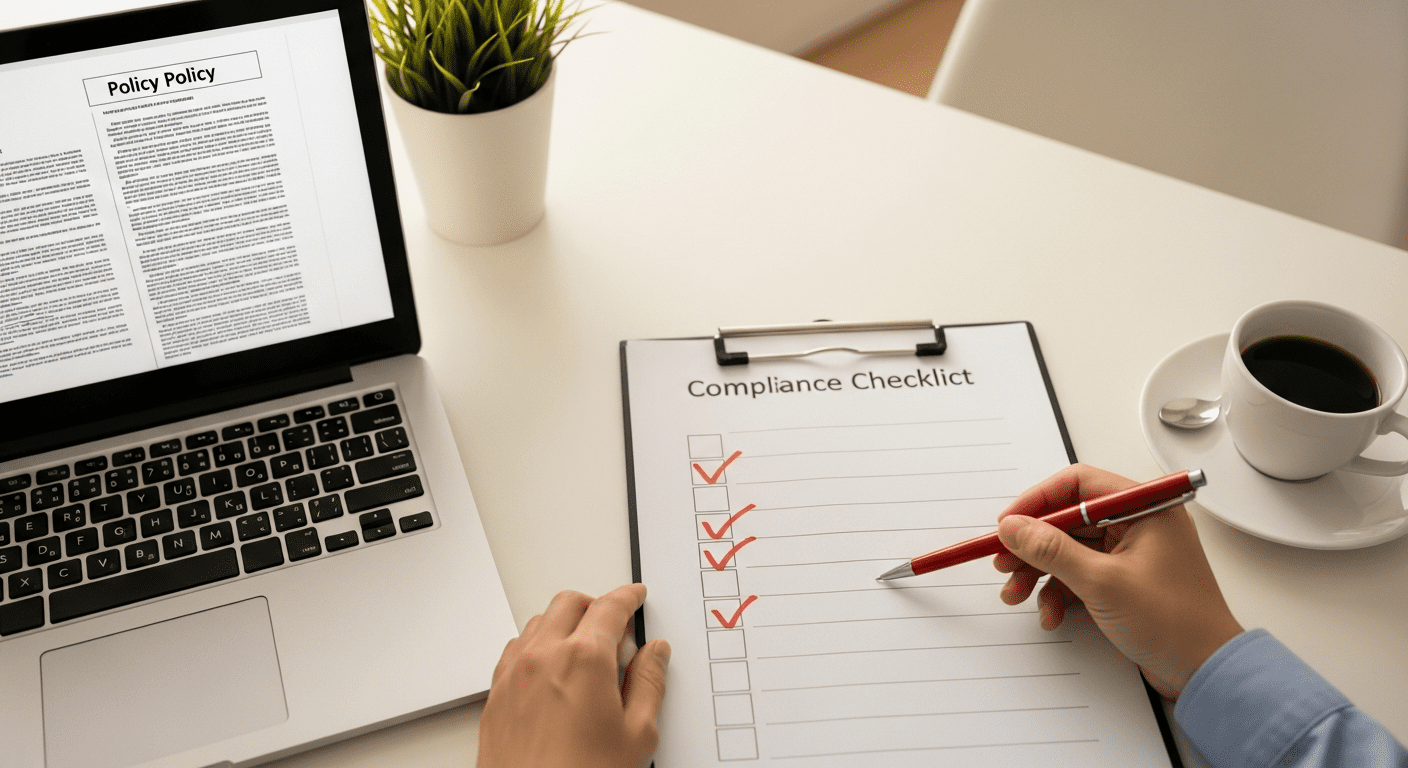 Business professionals reviewing compliance documents with warning signs highlighted