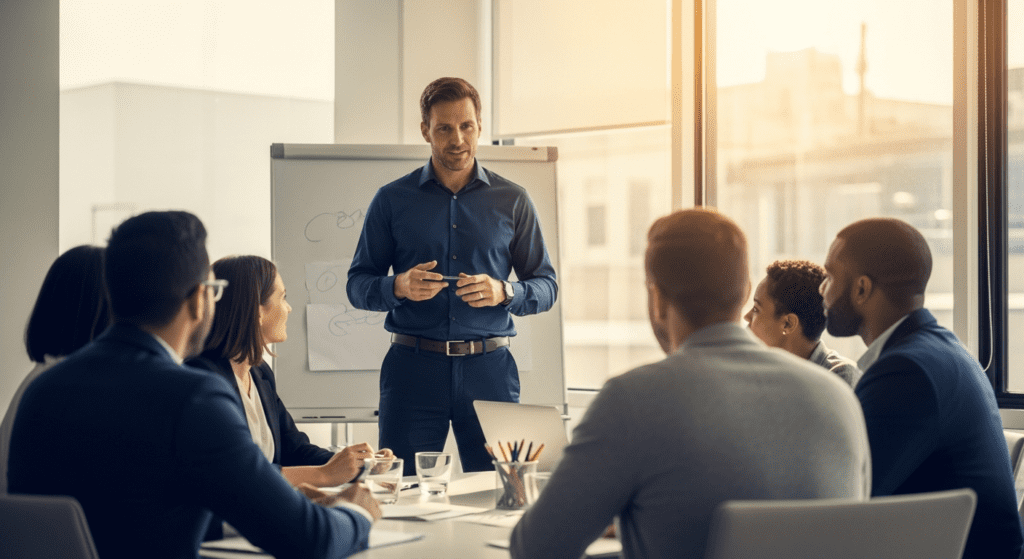 Manager presenting to a small group of attentive employees in a meeting room