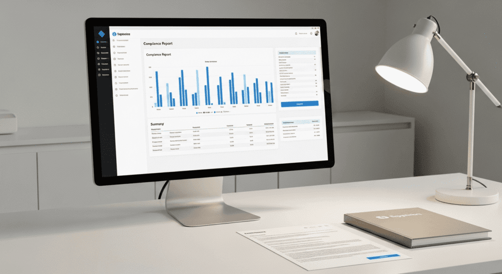 Computer monitor displaying a compliance report dashboard with bar charts and data tables on a clean office desk.