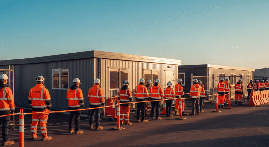 Construction workers in orange safety gear and helmets stand in two lines outside portable office buildings, separated by barriers, under a clear sky.