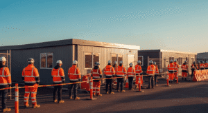 Construction workers in orange safety gear and helmets stand in two lines outside portable office buildings, separated by barriers, under a clear sky.