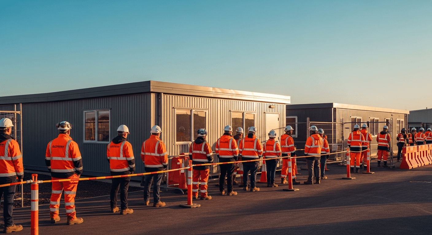 Construction workers in orange safety gear and helmets stand in two lines outside portable office buildings, separated by barriers, under a clear sky.