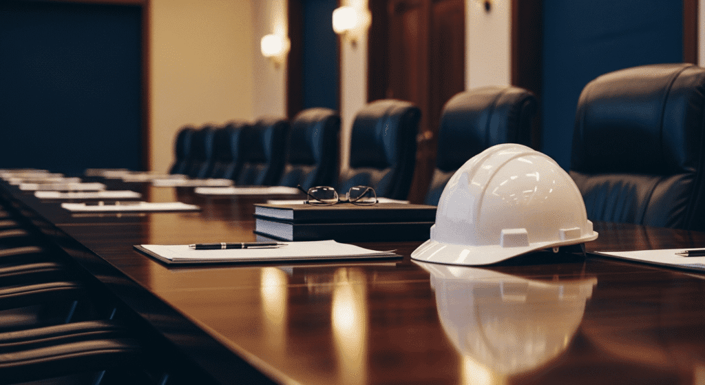 A white safety helmet, documents, and eyeglasses rest on a polished boardroom table with leather chairs, suggesting a meeting between construction and business professionals.