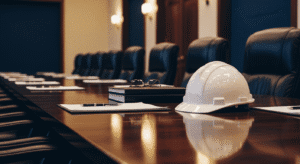 A white safety helmet, documents, and eyeglasses rest on a polished boardroom table with leather chairs, suggesting a meeting between construction and business professionals.