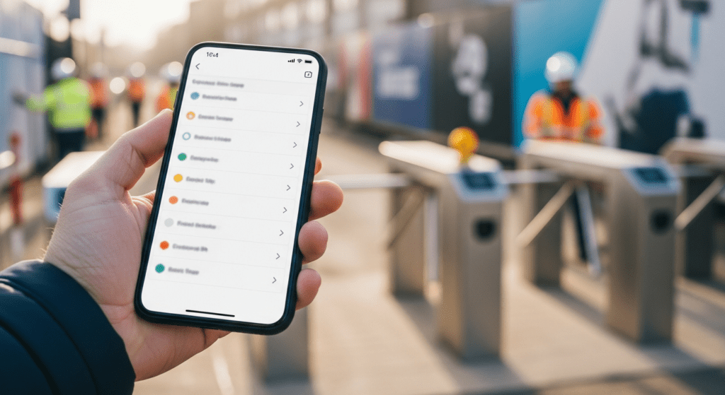Hand holding a smartphone displaying a construction management app interface at a job site with workers in the background.