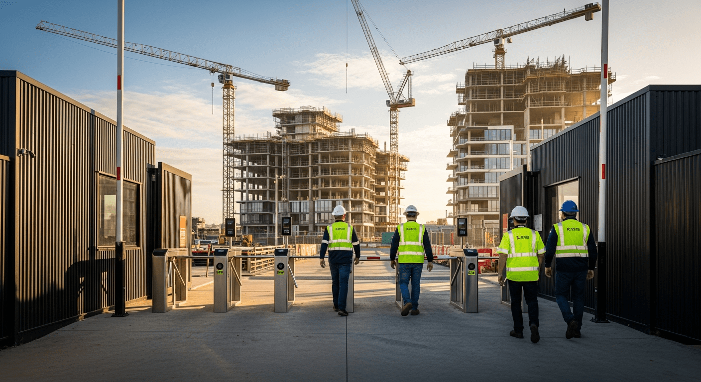 Workers in high-visibility vests at a construction site access gate with safety signage