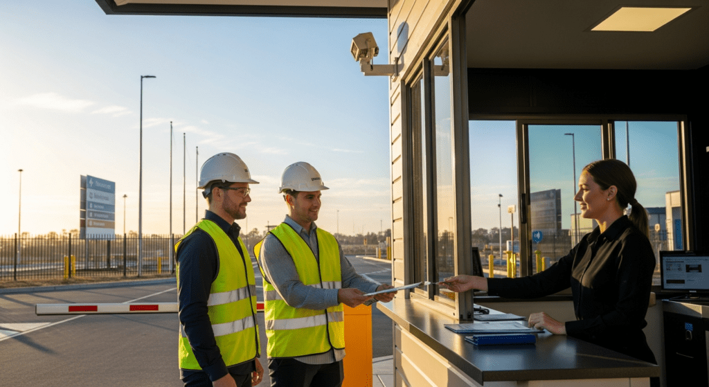 Contractors signing in at a site access point with an induction officer