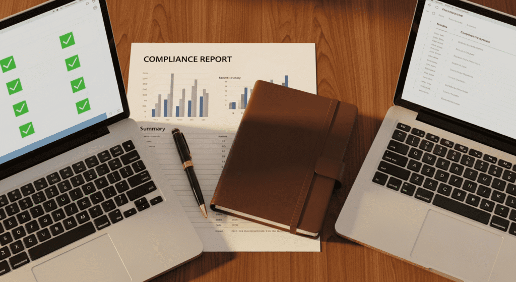 Two laptops flanking a compliance report document and a leather notebook on a wooden desk.