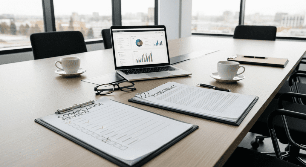 A conference table with documents labeled Compliance Review and Policy Policy, a pair of glasses, two cups of coffee, and a laptop displaying charts and graphs, set against large windows overlooking a city.