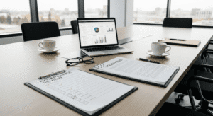 A conference table with documents labeled Compliance Review and Policy Policy, a pair of glasses, two cups of coffee, and a laptop displaying charts and graphs, set against large windows overlooking a city.