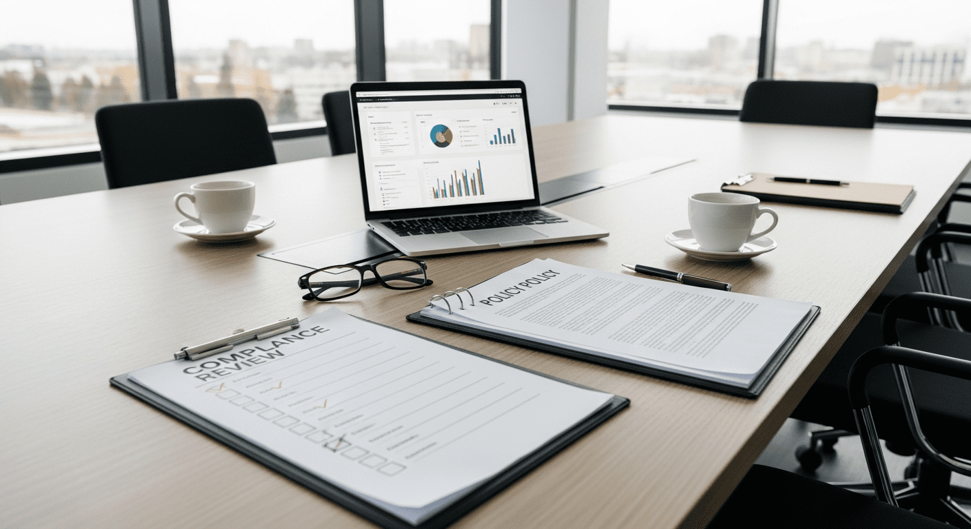 A conference table with documents labeled Compliance Review and Policy Policy, a pair of glasses, two cups of coffee, and a laptop displaying charts and graphs, set against large windows overlooking a city.