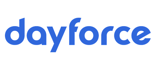 Dayforce brand logo in blue lowercase sans-serif font on a white background.