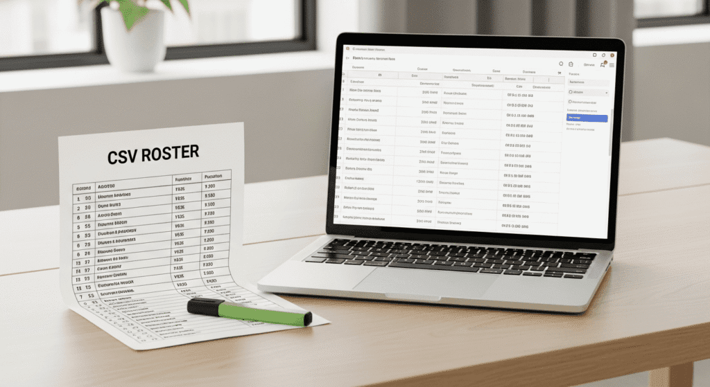 A laptop displaying a digital roster next to a printed CSV roster document on a wooden office desk.