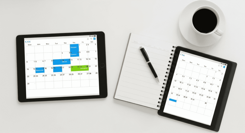 Digital tablets displaying calendar schedules with highlighted tasks next to a notebook, pen, and a cup of coffee.