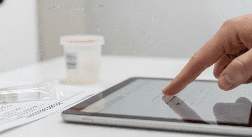 A person using a finger to sign a digital chain of custody form on a tablet next to a medical specimen container.