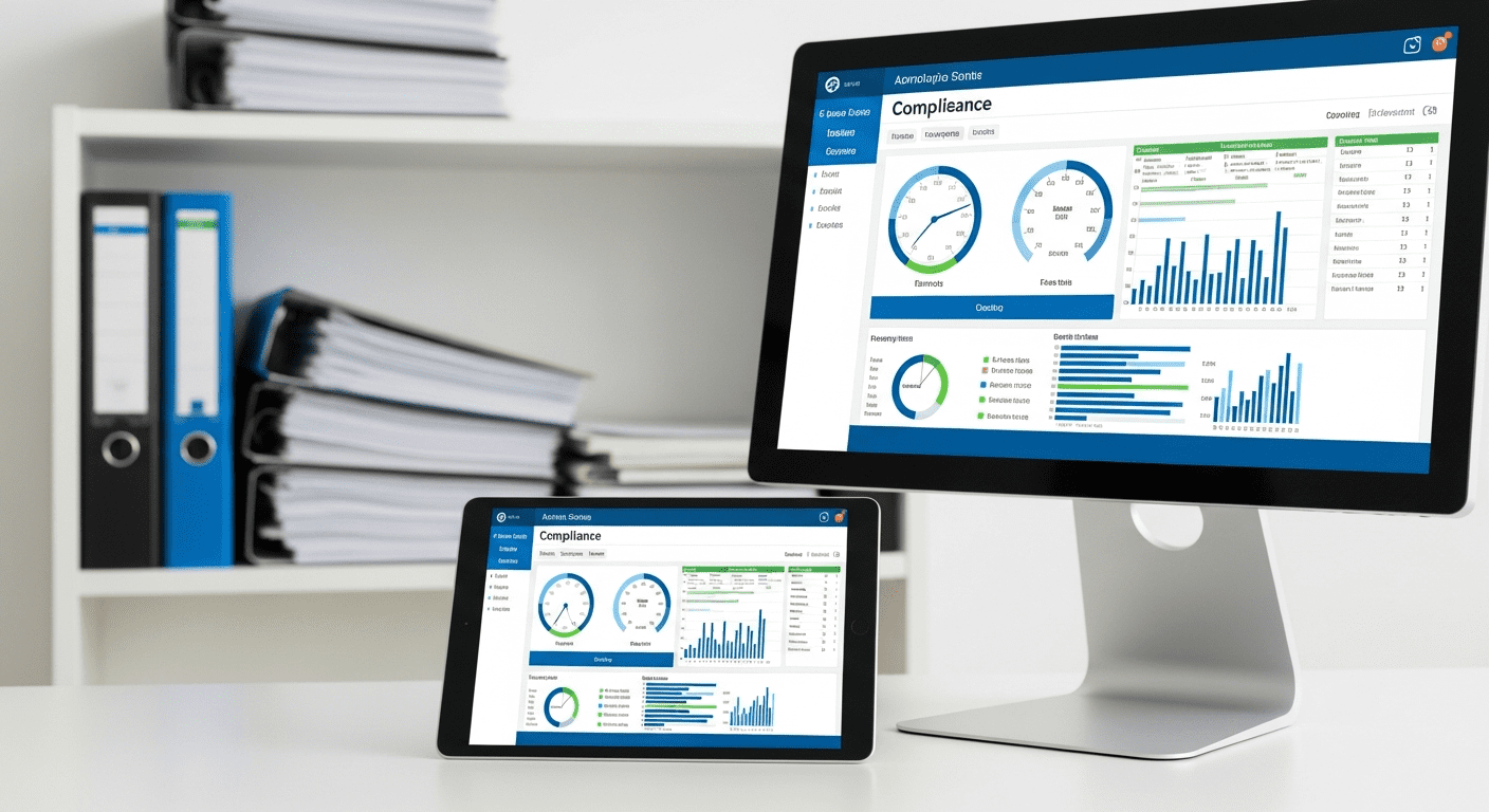 Modern tablet and monitor showing a real-time testing compliance dashboard