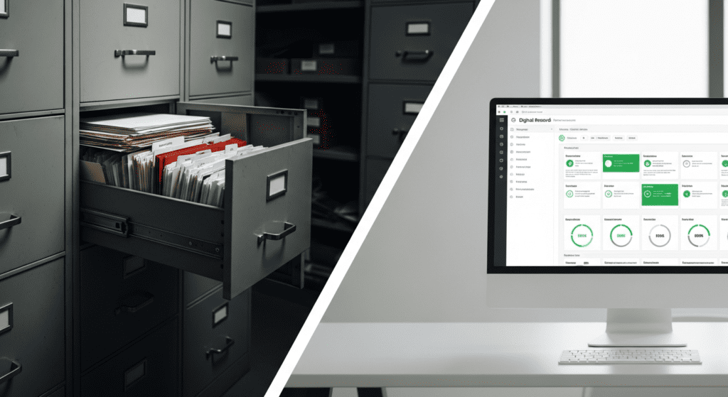 Split view comparing paper filing cabinets with a modern digital records dashboard