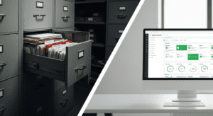Split view comparing paper filing cabinets with a modern digital records dashboard