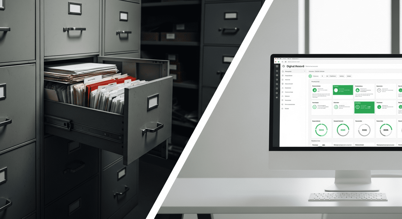 Split view comparing paper filing cabinets with a modern digital records dashboard