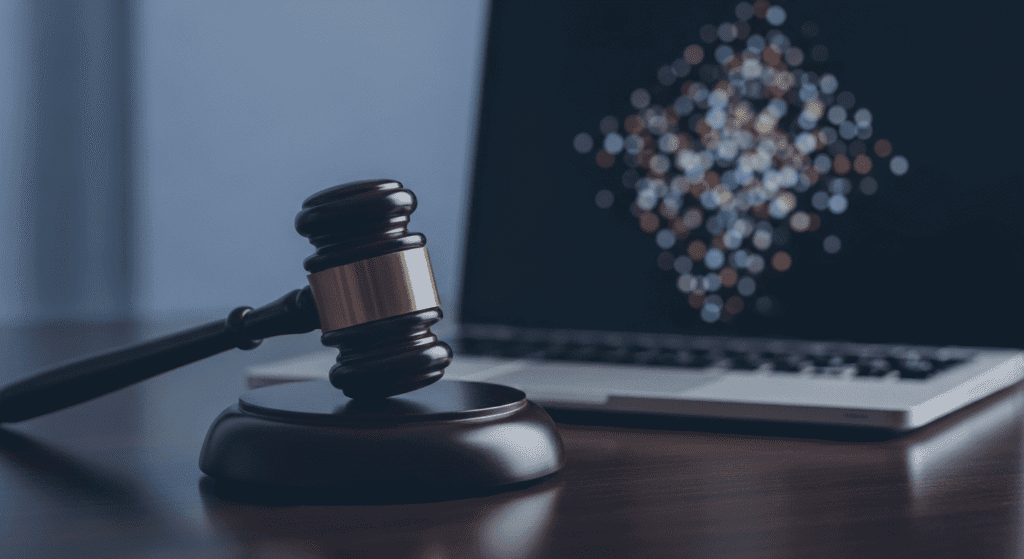 A wooden judge’s gavel rests on a sound block next to an open laptop on a dark table, symbolizing online legal proceedings or digital justice.