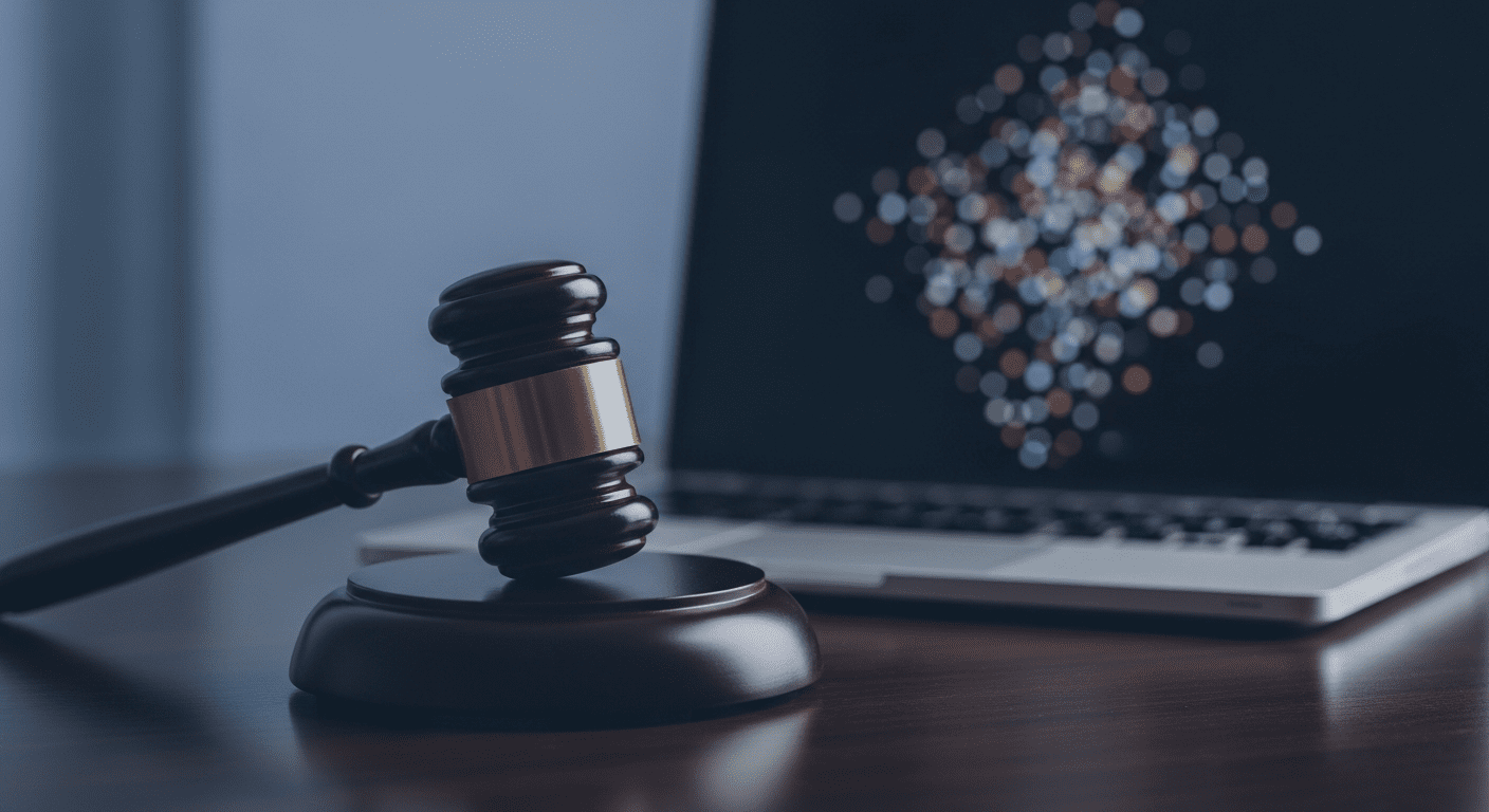 A wooden judge’s gavel rests on a sound block next to an open laptop on a dark table, symbolizing online legal proceedings or digital justice.