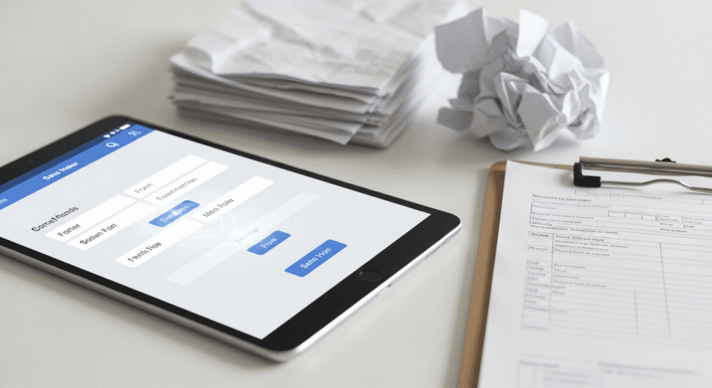 A tablet displaying a form is on a desk next to a clipboard with documents, a stack of papers, and a crumpled paper ball.