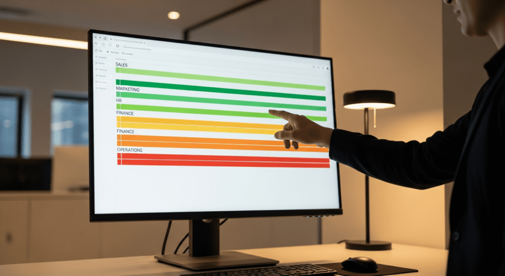 Heat map data visualisation on a screen showing departmental comparisons