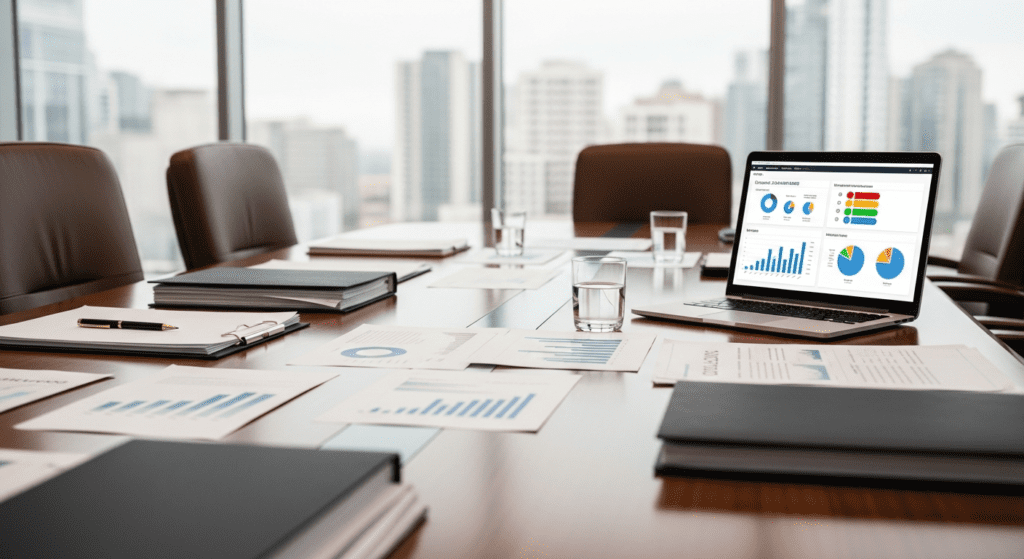 Boardroom table with professional reports and data visualisations